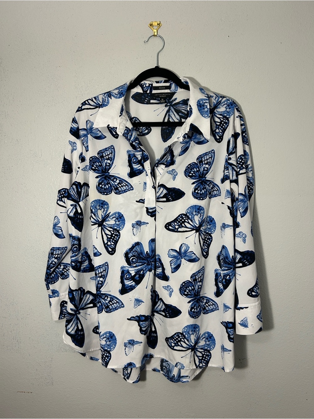 PAIGE White Button-Downy Shirt with Blue Butterfly Motif